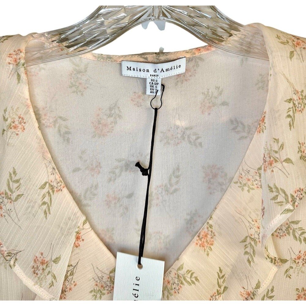 Maison d'Amelie Women's Ruffle Blouse Short Puff Sleeve Sheer Sz S Beige Printed - Picture 3 of 8
